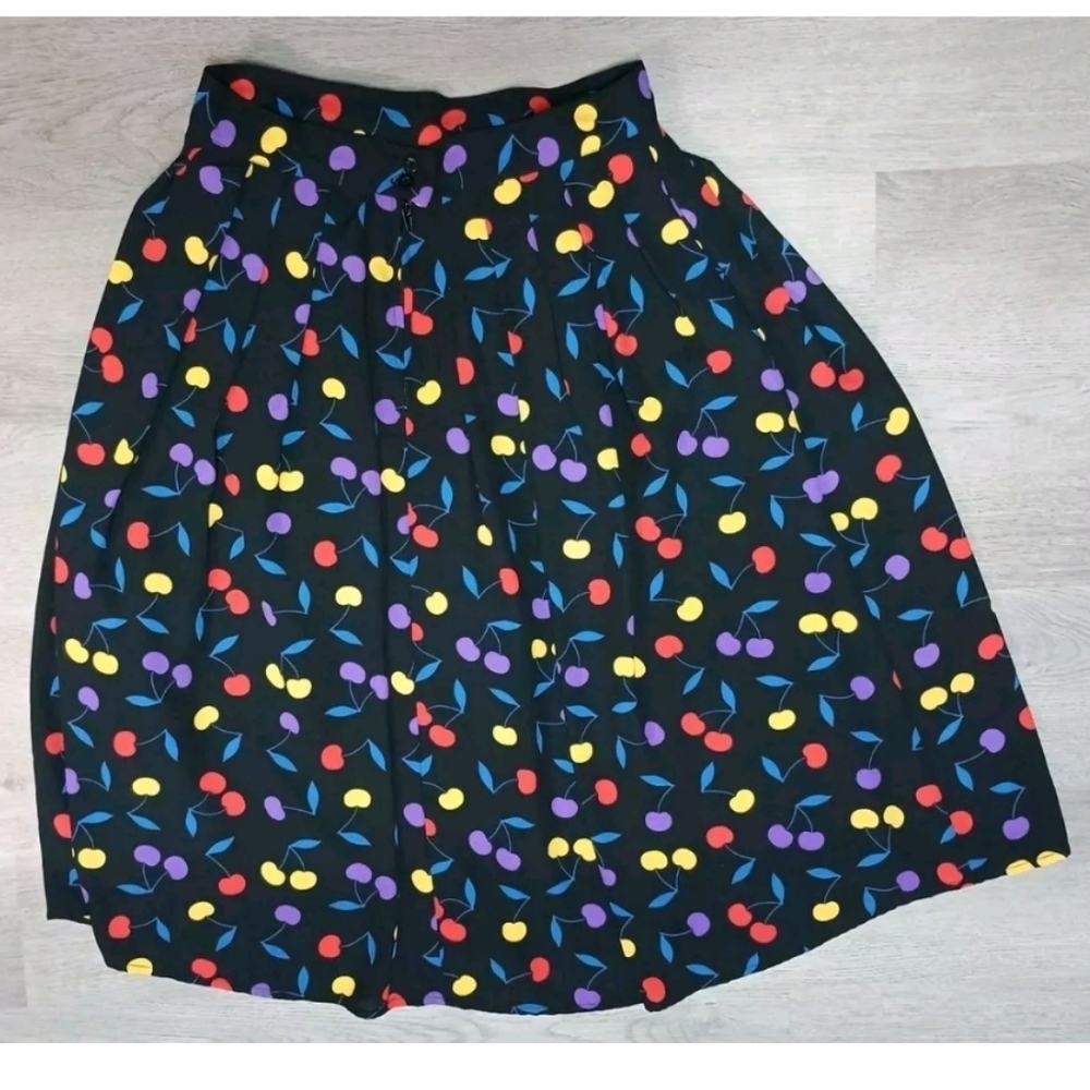 Mod Cloth Black A Line Knee Length Skirt 100% Recycled Cherry Print Size 4